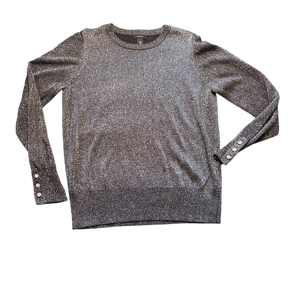 Halogen Metallic Black / Silver Long Sleeve Rhinestone Button Sweater Women LG